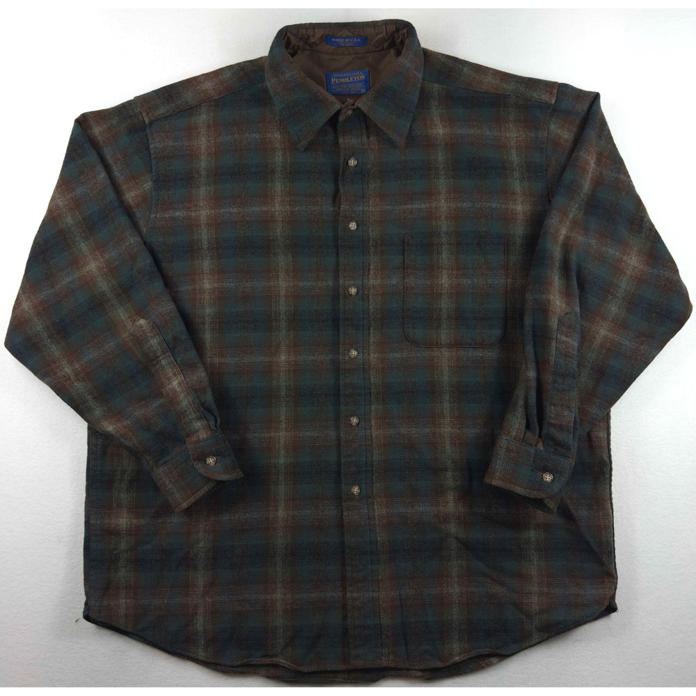 Pendleton Mens XL Plaid 100% Virgin Wool Flannel Button Up Shirt Blue Brown USA